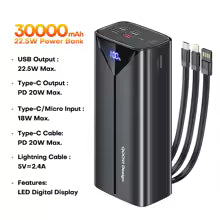 QOOVI 30000mah Power Bank 22.5W Fast Charging Built-in Cable External Large Battery Portable Charger For iPhone Samsung Xiaomi